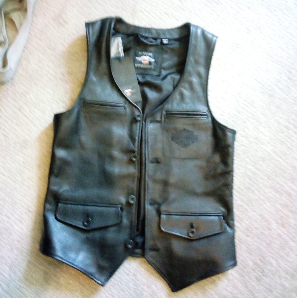 Harley black leather vest new men's small ladies medium chest  best 38"